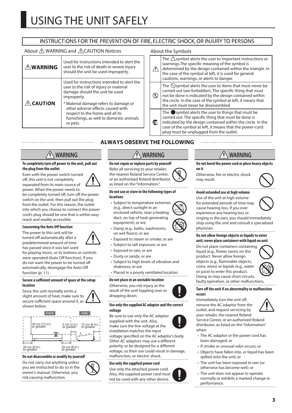 Using the unit safely, P. 3, Warning | Always observe the following | Roland V-60HD Multi-Format HD Video Switcher and UVC-01 USB Video Capture Kit User Manual | Page 3 / 48