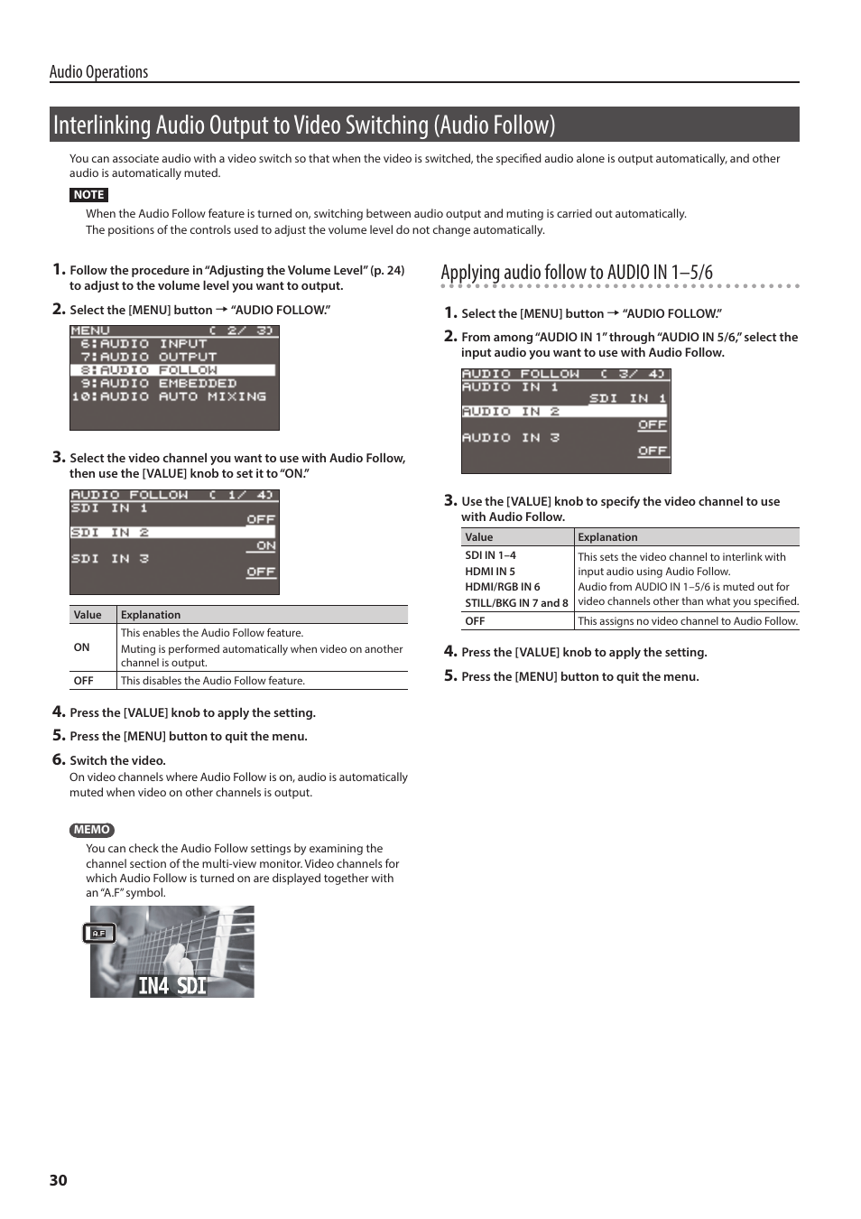 Applying audio follow to audio in 1–5/6, Audio operations | Roland V-60HD Multi-Format HD Video Switcher and UVC-01 USB Video Capture Kit User Manual | Page 30 / 48