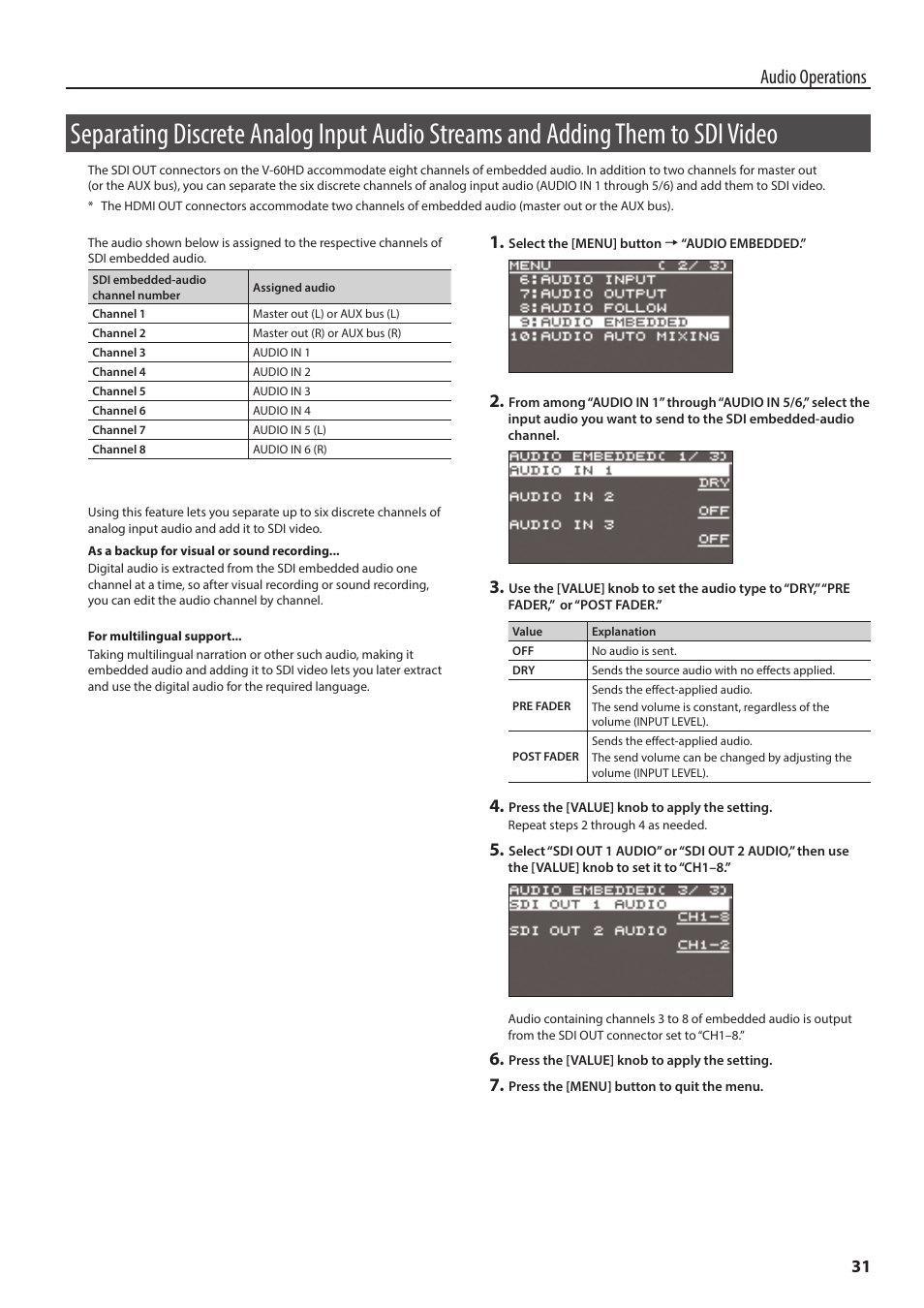 Them to sdi video, Audio operations | Roland V-60HD Multi-Format HD Video Switcher and UVC-01 USB Video Capture Kit User Manual | Page 31 / 48