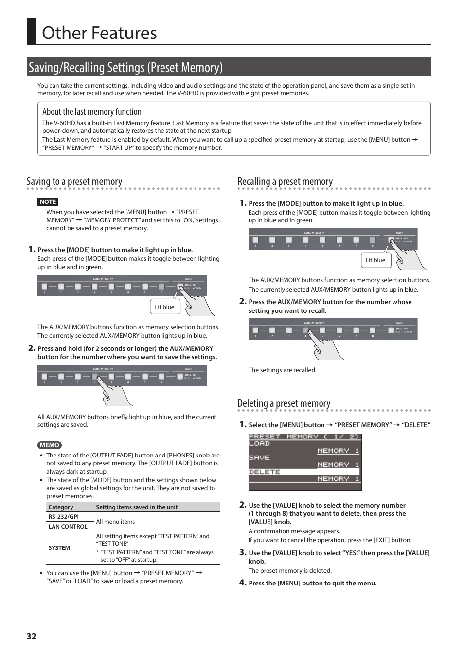 Other features, Saving/recalling settings (preset memory), P. 32 | Roland V-60HD Multi-Format HD Video Switcher and UVC-01 USB Video Capture Kit User Manual | Page 32 / 48
