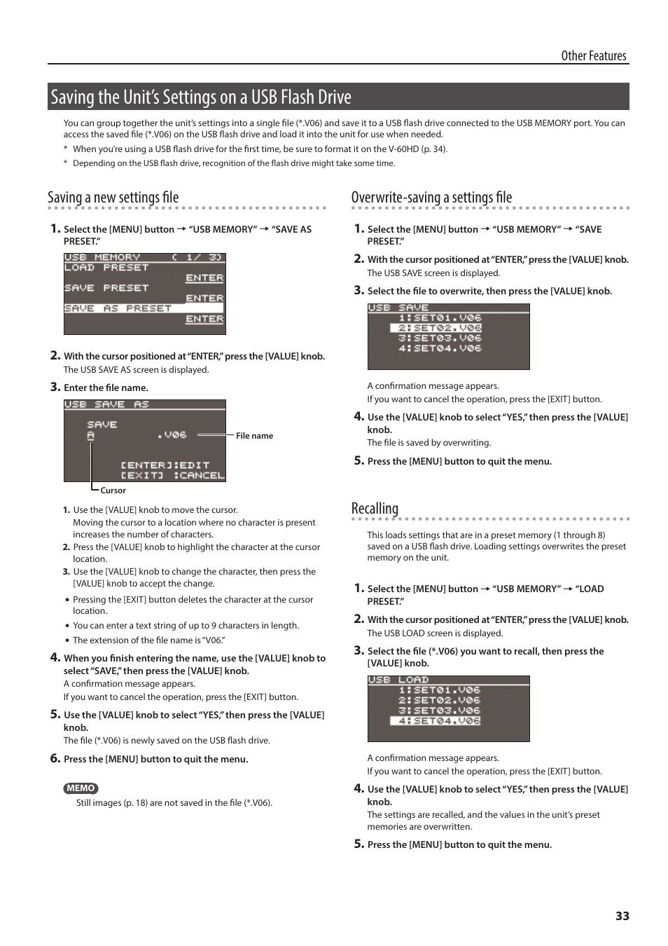 Saving the unit’s settings on a usb flash drive, Saving a new settings file, Overwrite-saving a settings file | Recalling, Other features | Roland V-60HD Multi-Format HD Video Switcher and UVC-01 USB Video Capture Kit User Manual | Page 33 / 48