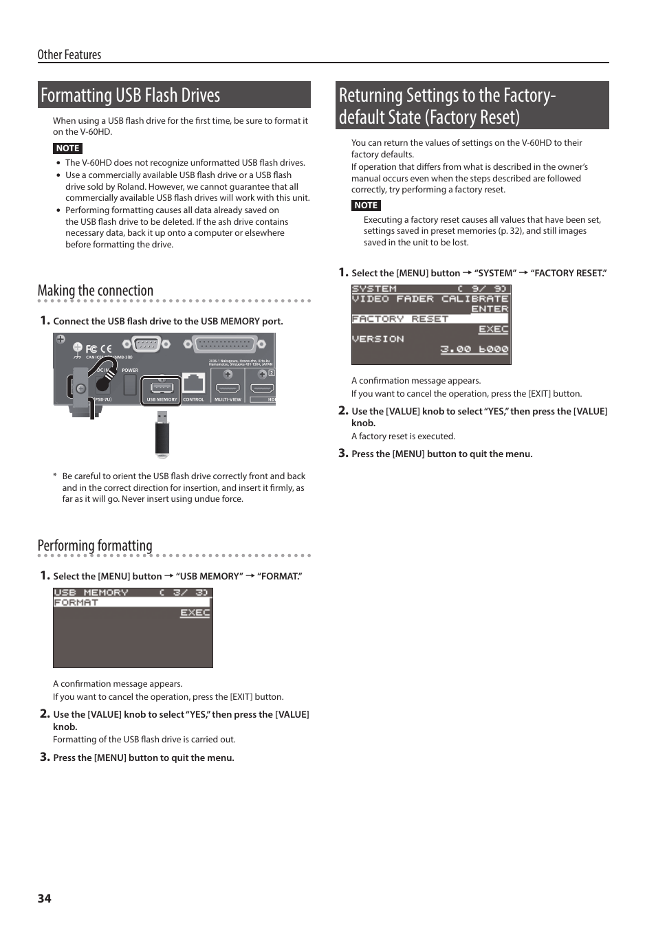 Formatting usb flash drives, Making the connection, Performing formatting | Other features | Roland V-60HD Multi-Format HD Video Switcher and UVC-01 USB Video Capture Kit User Manual | Page 34 / 48