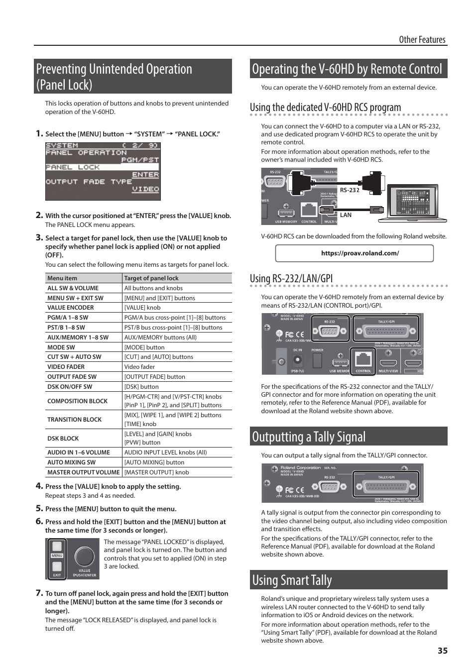 Preventing unintended operation (panel lock), Operating the v-60hd by remote control, Outputting a tally signal | Using smart tally, Er (p. 35, Using the dedicated v-60hd rcs program, Using rs-232/lan/gpi, Other features | Roland V-60HD Multi-Format HD Video Switcher and UVC-01 USB Video Capture Kit User Manual | Page 35 / 48