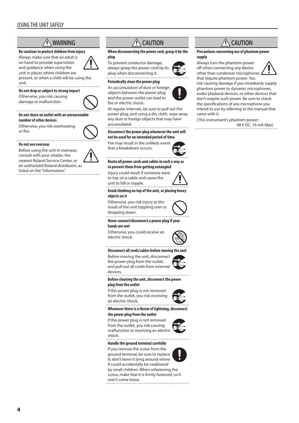 Warning, Caution, Using the unit safely | Roland V-60HD Multi-Format HD Video Switcher and UVC-01 USB Video Capture Kit User Manual | Page 4 / 48