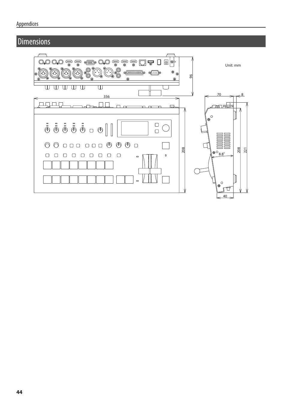 Dimensions, Appendices | Roland V-60HD Multi-Format HD Video Switcher and UVC-01 USB Video Capture Kit User Manual | Page 44 / 48