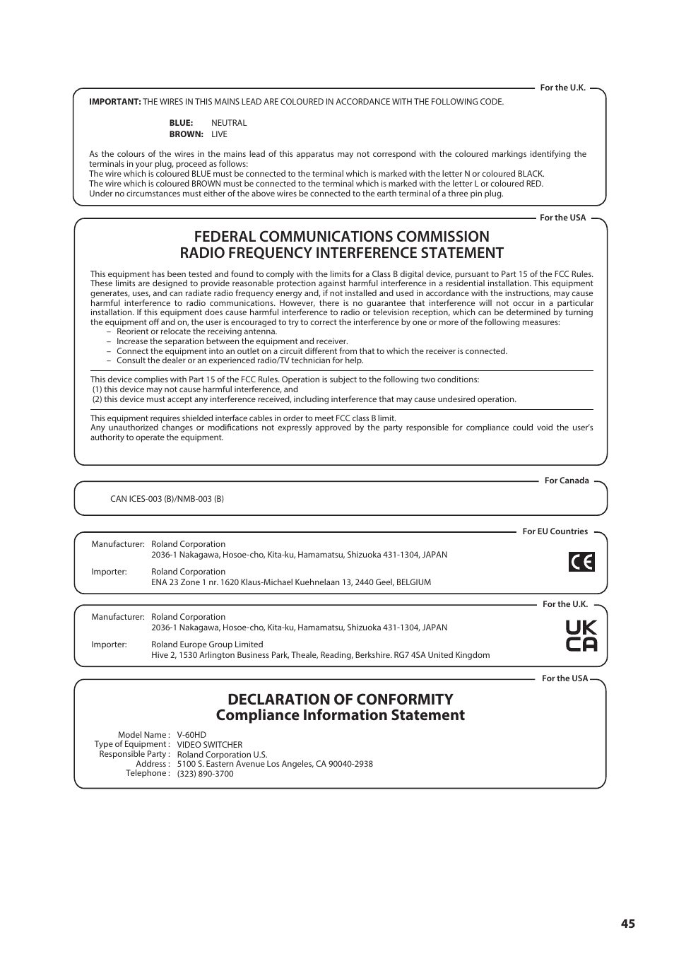 Roland V-60HD Multi-Format HD Video Switcher and UVC-01 USB Video Capture Kit User Manual | Page 45 / 48