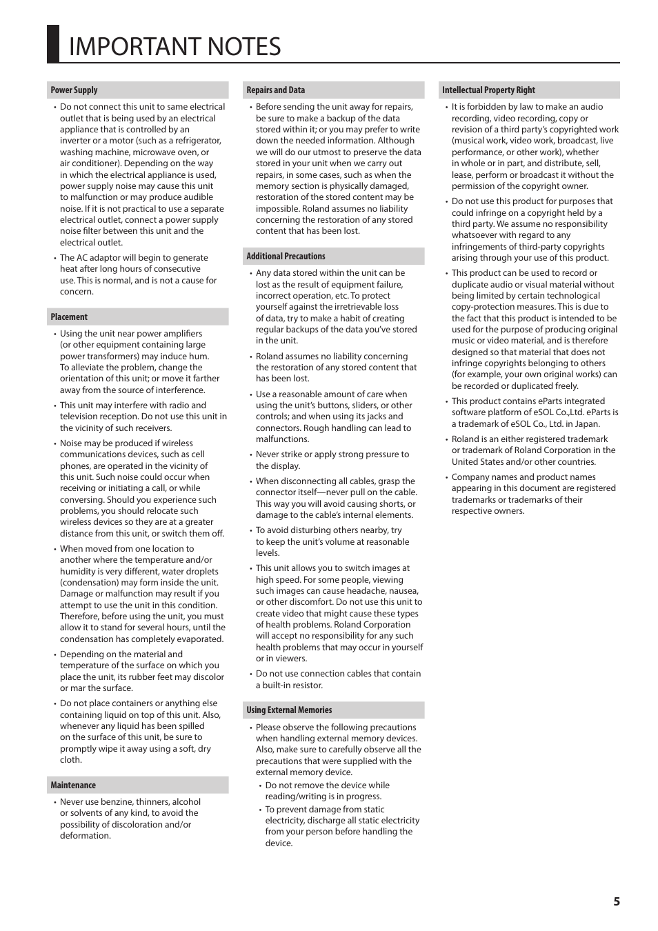 Important notes, P. 5). a | Roland V-60HD Multi-Format HD Video Switcher and UVC-01 USB Video Capture Kit User Manual | Page 5 / 48