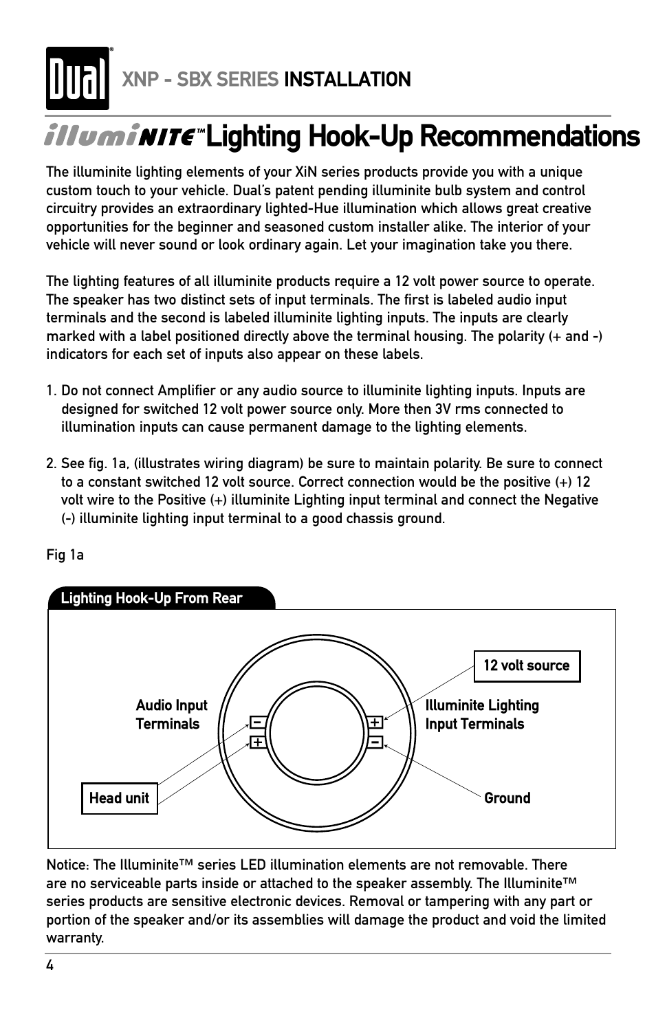 Lighting hook-up recommendations, Xnp - sbx series installation | Dual XNP553 User Manual | Page 4 / 8