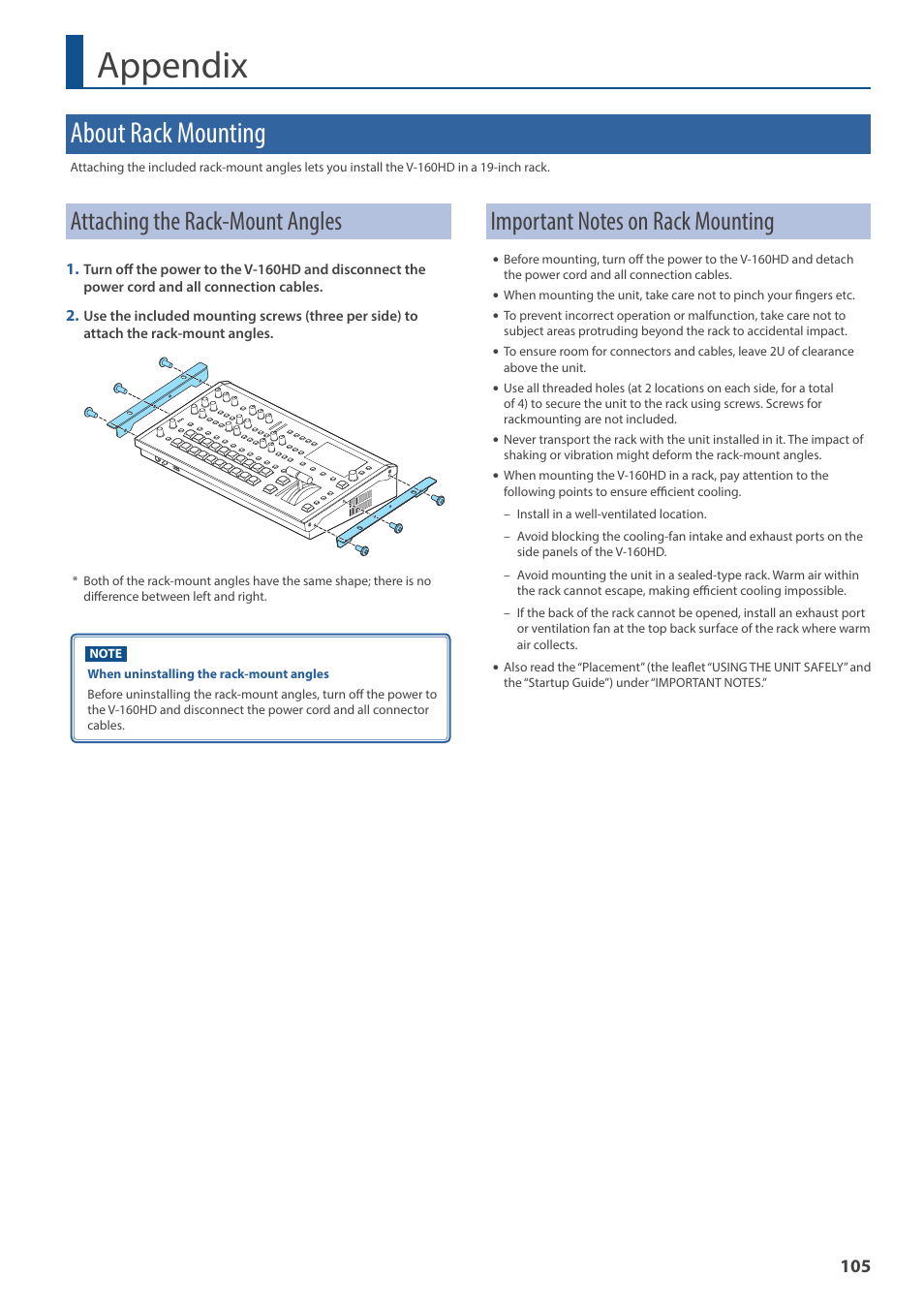 Appendix, About rack mounting, Attaching the rack-mount angles | Roland V-160HD SDI/HDMI Streaming Video Switcher User Manual | Page 105 / 111