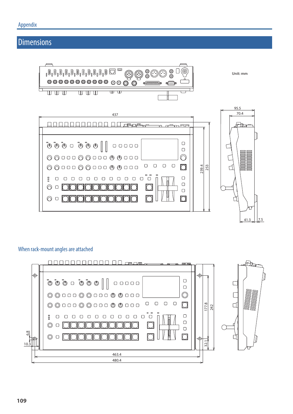 Dimensions, Appendix, When rack-mount angles are attached | Roland V-160HD SDI/HDMI Streaming Video Switcher User Manual | Page 109 / 111