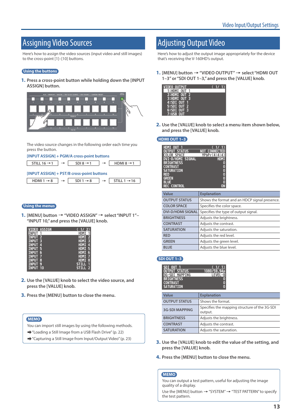 Assigning video sources, Adjusting output video, Video input/output settings | Roland V-160HD SDI/HDMI Streaming Video Switcher User Manual | Page 13 / 111