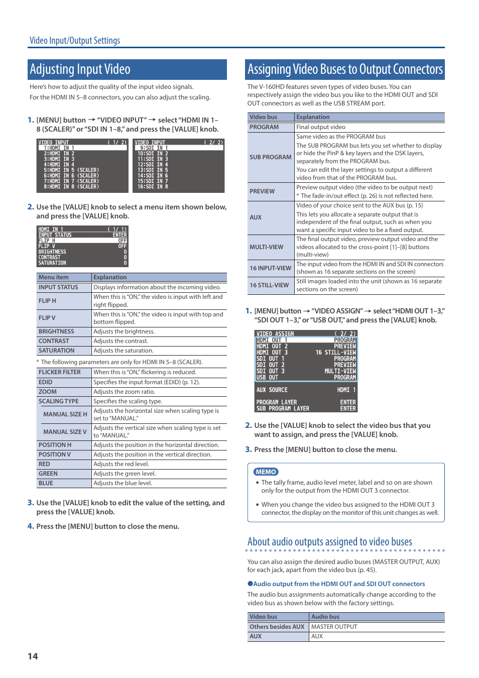 Adjusting input video, Assigning video buses to output connectors, About audio outputs assigned to video buses | Video input/output settings | Roland V-160HD SDI/HDMI Streaming Video Switcher User Manual | Page 14 / 111