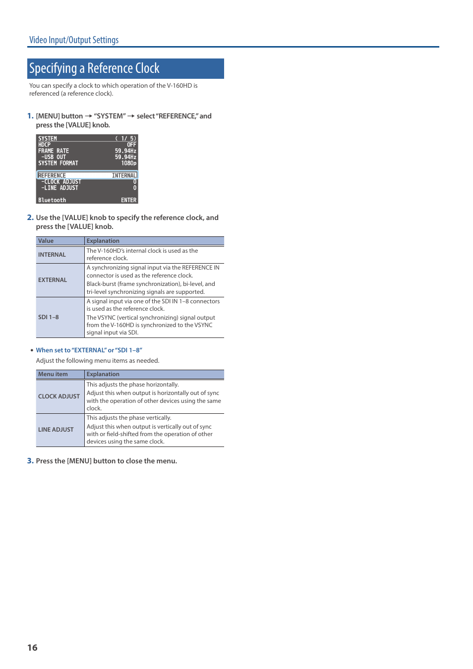 Specifying a reference clock, Video input/output settings | Roland V-160HD SDI/HDMI Streaming Video Switcher User Manual | Page 16 / 111