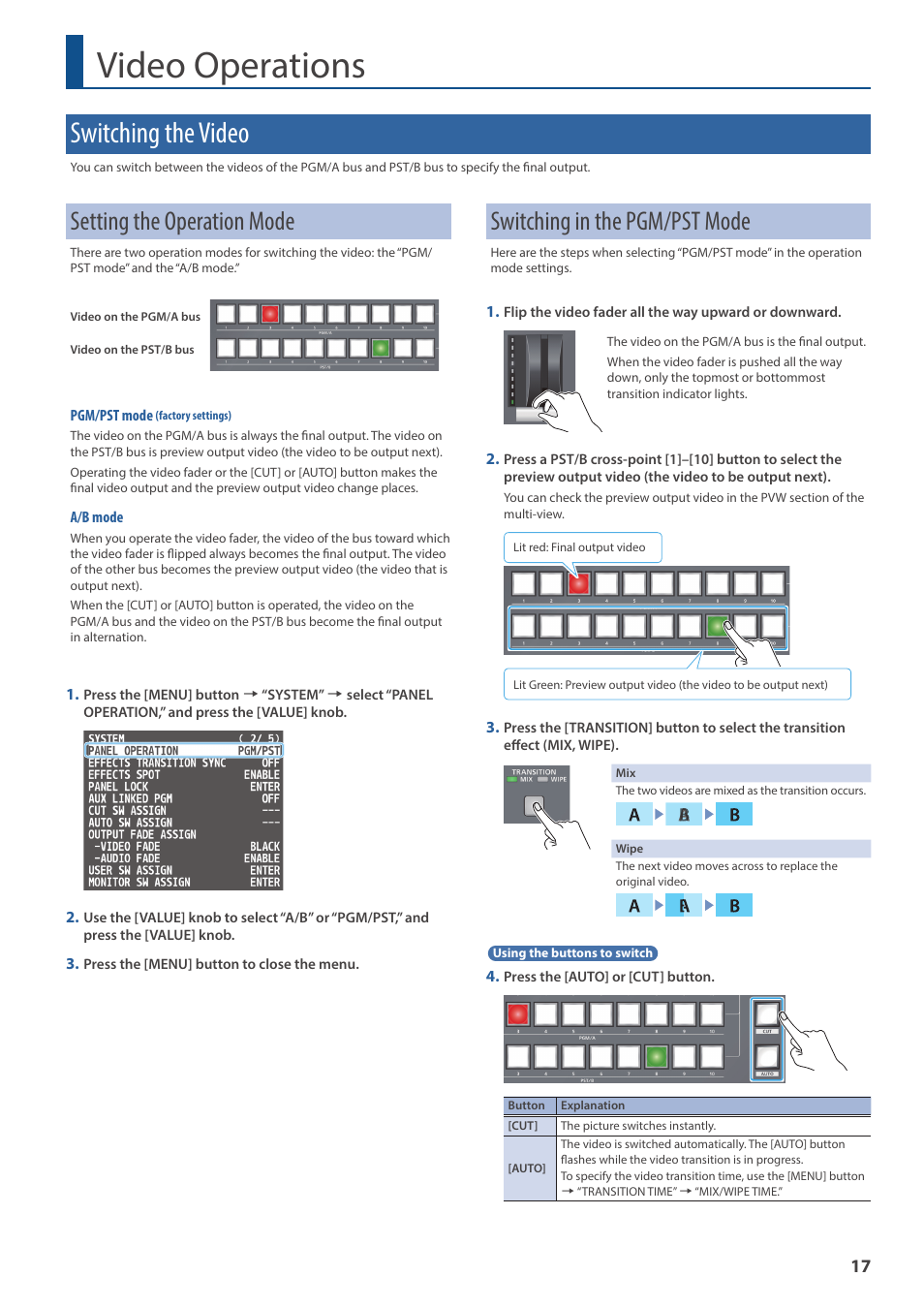 Video operations, Switching the video, Setting the operation mode | Switching in the pgm/pst mode | Roland V-160HD SDI/HDMI Streaming Video Switcher User Manual | Page 17 / 111