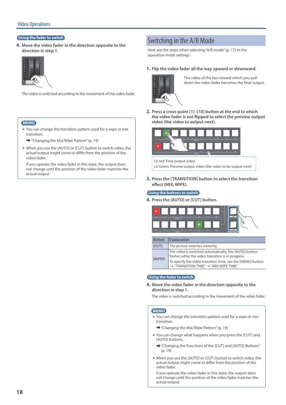 Switching in the a/b mode, Video operations | Roland V-160HD SDI/HDMI Streaming Video Switcher User Manual | Page 18 / 111