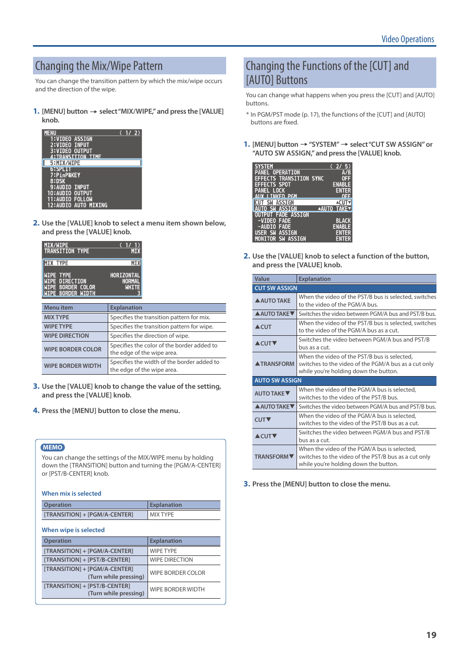 Changing the mix/wipe pattern, Changing the mix/wipe pattern” (p. 19), P. 19) | Video operations | Roland V-160HD SDI/HDMI Streaming Video Switcher User Manual | Page 19 / 111