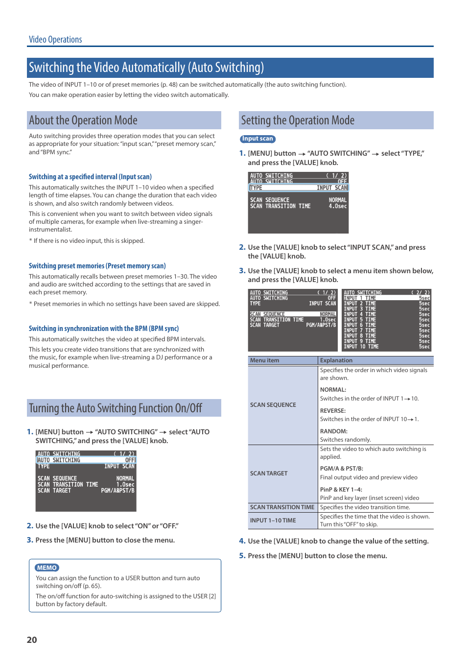 Switching the video automatically (auto switching), About the operation mode, Turning the auto switching function on/off | Setting the operation mode, Video operations | Roland V-160HD SDI/HDMI Streaming Video Switcher User Manual | Page 20 / 111