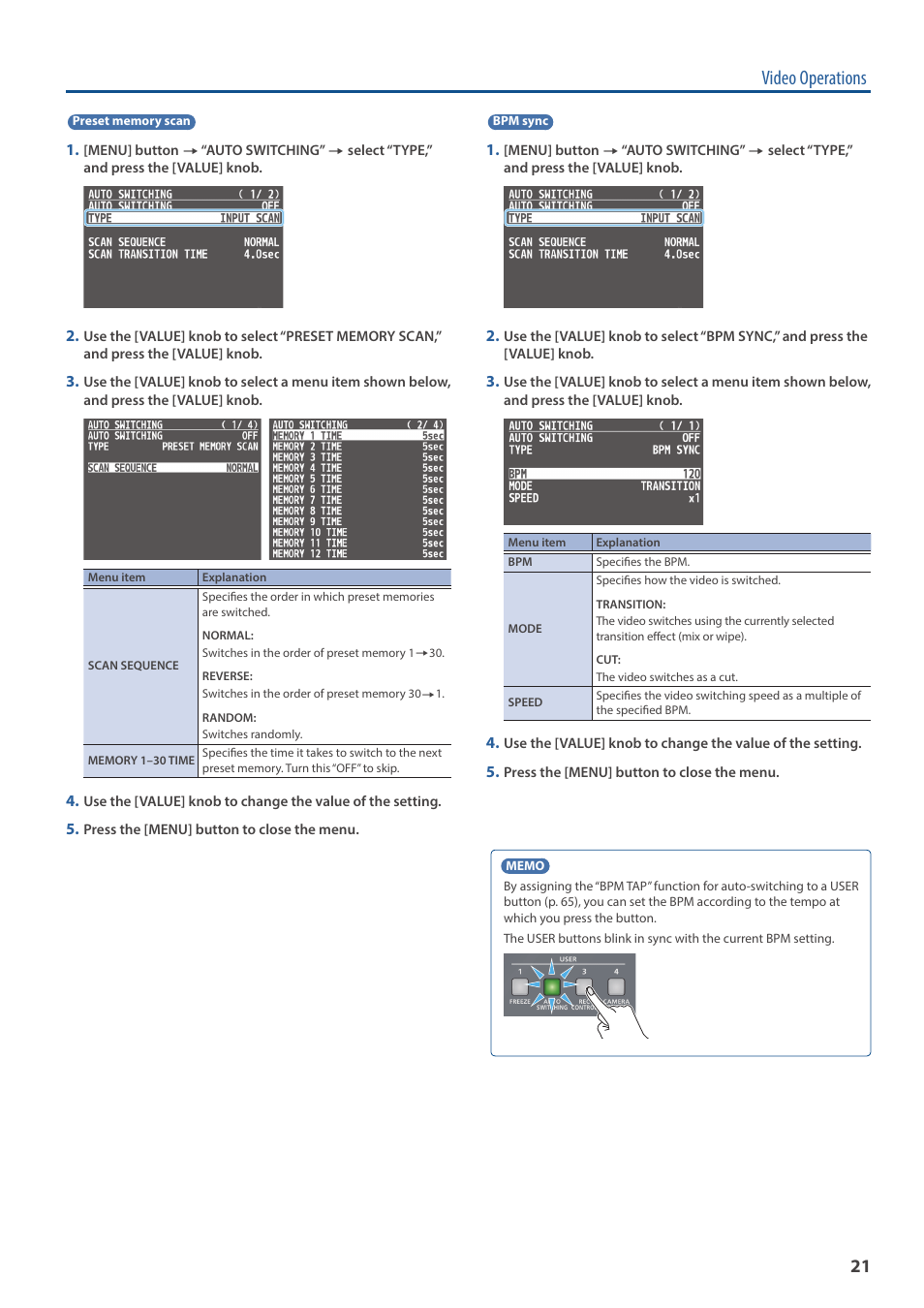 Video operations | Roland V-160HD SDI/HDMI Streaming Video Switcher User Manual | Page 21 / 111