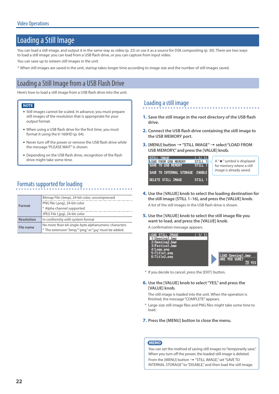 Loading a still image, Loading a still image from a usb flash drive, Formats supported for loading | Video operations | Roland V-160HD SDI/HDMI Streaming Video Switcher User Manual | Page 22 / 111