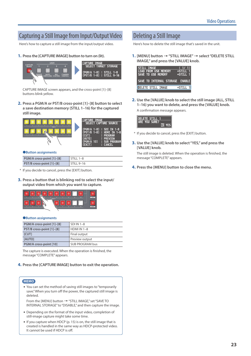 Capturing a still image from input/output video, Deleting a still image, Video operations | Roland V-160HD SDI/HDMI Streaming Video Switcher User Manual | Page 23 / 111