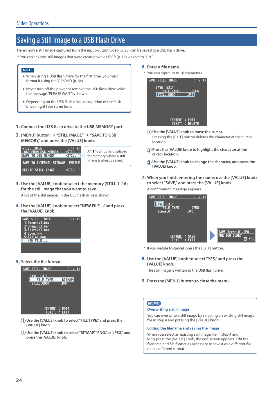 Saving a still image to a usb flash drive, Video operations | Roland V-160HD SDI/HDMI Streaming Video Switcher User Manual | Page 24 / 111