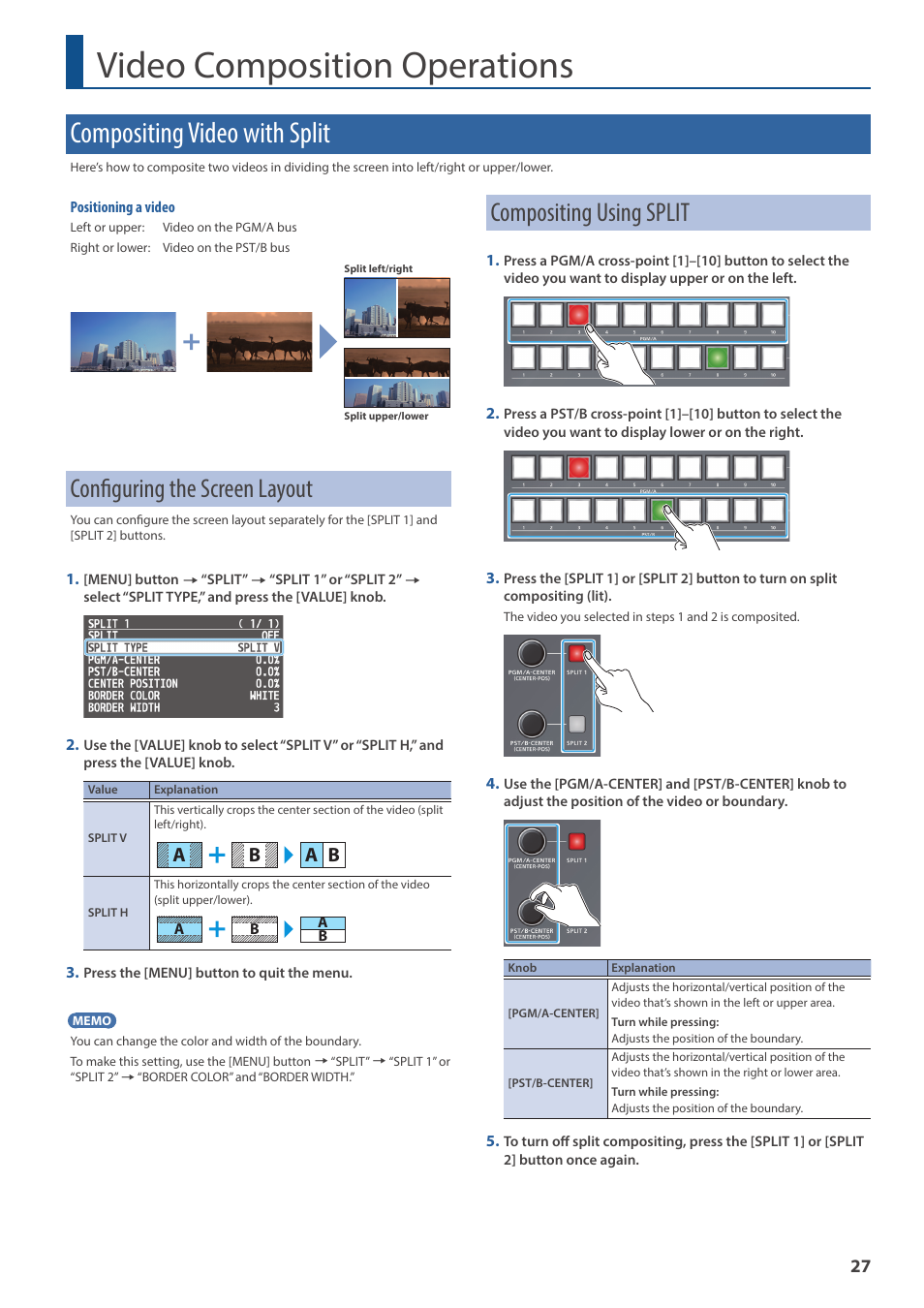 Video composition operations, Compositing video with split, Configuring the screen layout | Compositing using split, Ompositing settings (p. 27), Ompositing using split (p. 27), A b a b | Roland V-160HD SDI/HDMI Streaming Video Switcher User Manual | Page 27 / 111