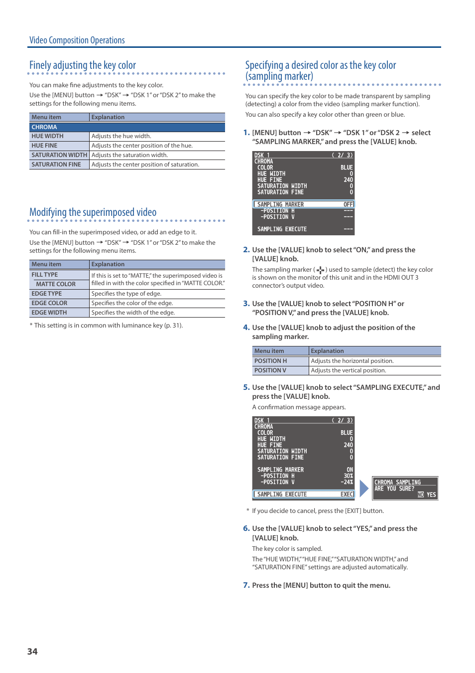 Finely adjusting the key color, Modifying the superimposed video, Video composition operations | Roland V-160HD SDI/HDMI Streaming Video Switcher User Manual | Page 34 / 111