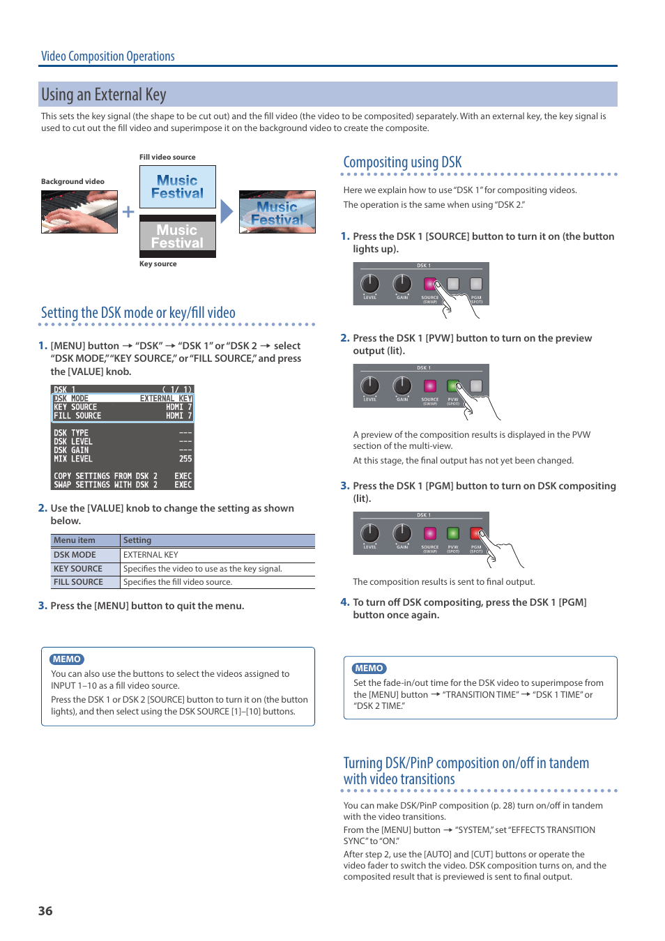 Using an external key, Y (p. 36), Setting the dsk mode or key/fill video | Compositing using dsk, Video composition operations | Roland V-160HD SDI/HDMI Streaming Video Switcher User Manual | Page 36 / 111