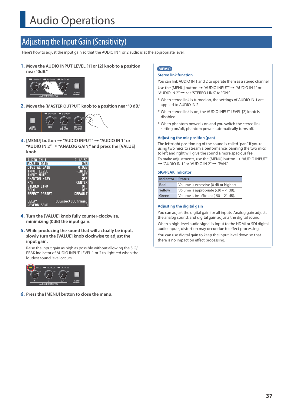 Audio operations, Adjusting the input gain (sensitivity) | Roland V-160HD SDI/HDMI Streaming Video Switcher User Manual | Page 37 / 111