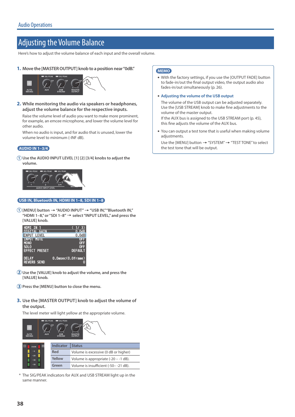 Adjusting the volume balance, Audio operations | Roland V-160HD SDI/HDMI Streaming Video Switcher User Manual | Page 38 / 111