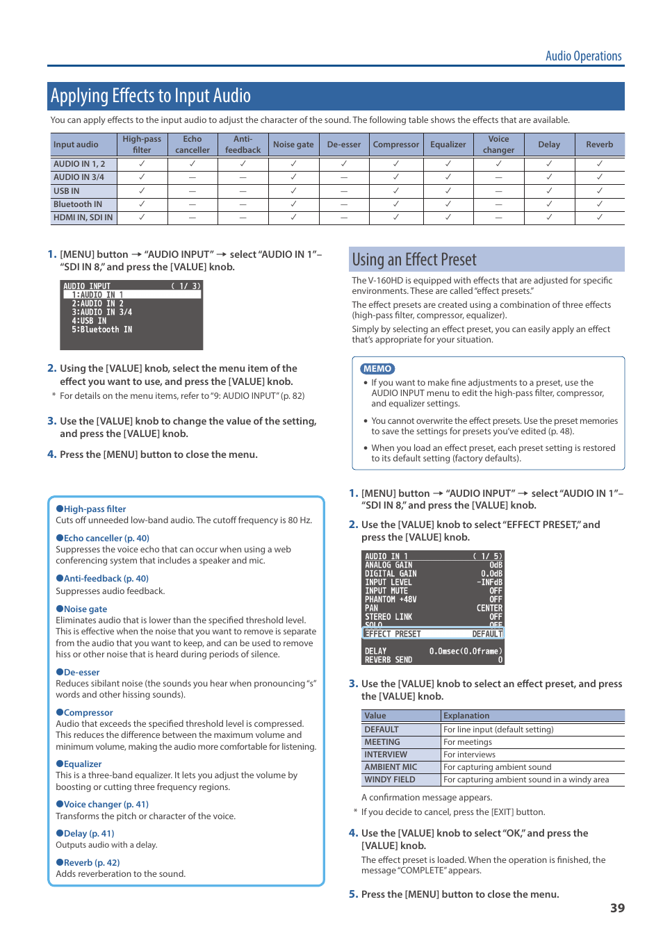 Applying effects to input audio, Using an effect preset, Audio operations | Roland V-160HD SDI/HDMI Streaming Video Switcher User Manual | Page 39 / 111