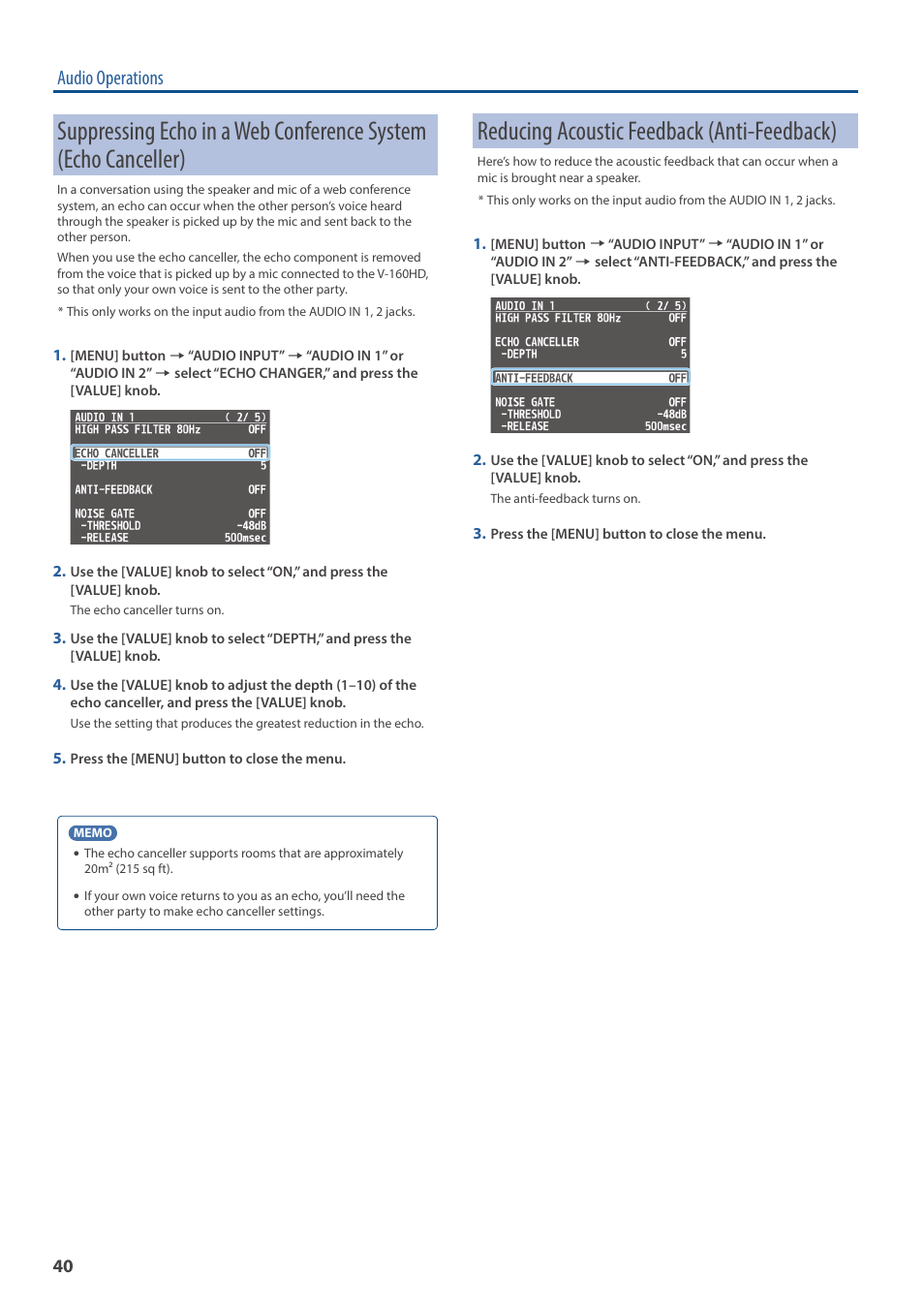 Reducing acoustic feedback (anti-feedback), Eller (p. 40), Eedback (p. 40) | Audio operations | Roland V-160HD SDI/HDMI Streaming Video Switcher User Manual | Page 40 / 111