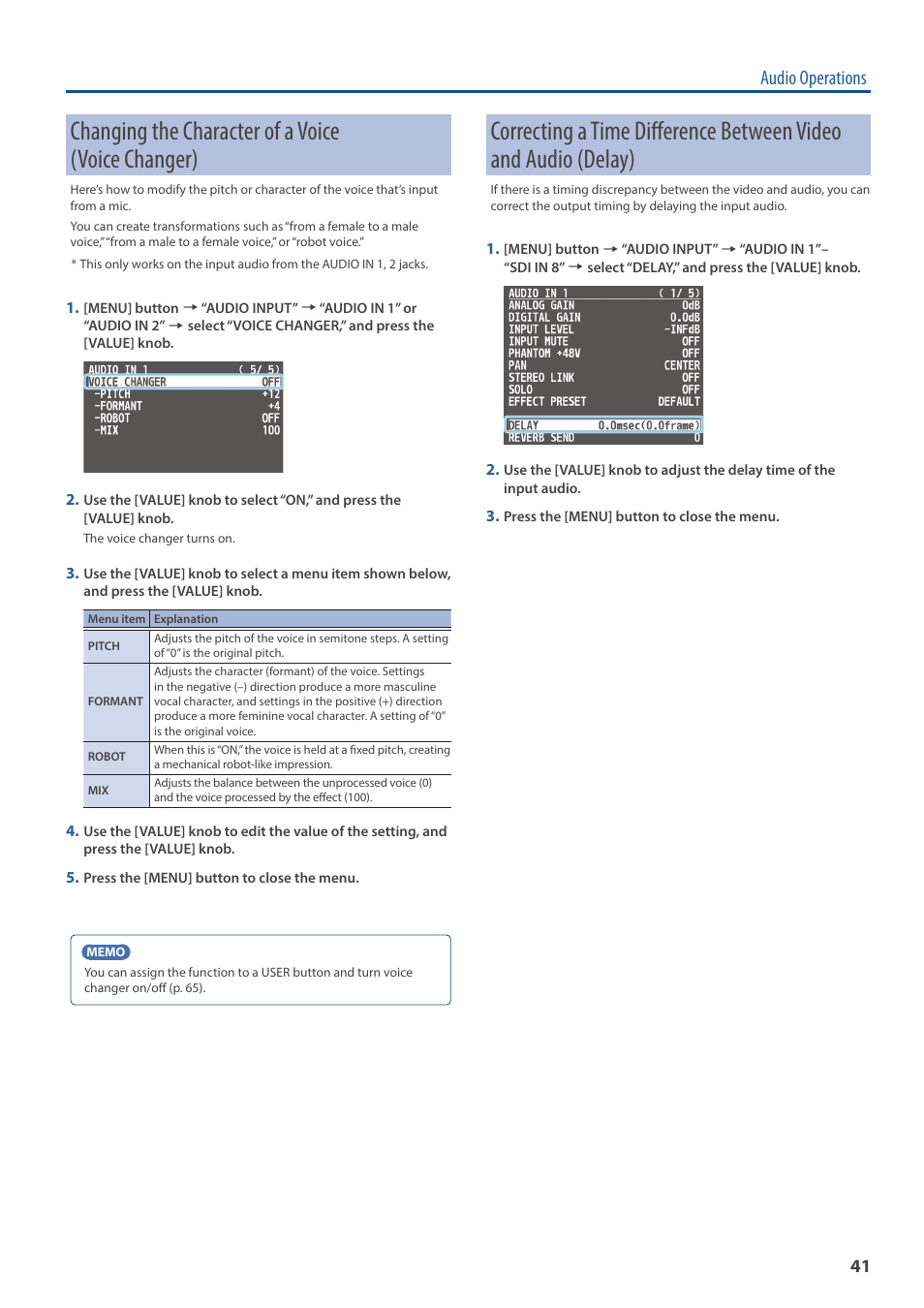 Changing the character of a voice (voice changer), E changer (p. 41), Y (p. 41) | Audio operations | Roland V-160HD SDI/HDMI Streaming Video Switcher User Manual | Page 41 / 111