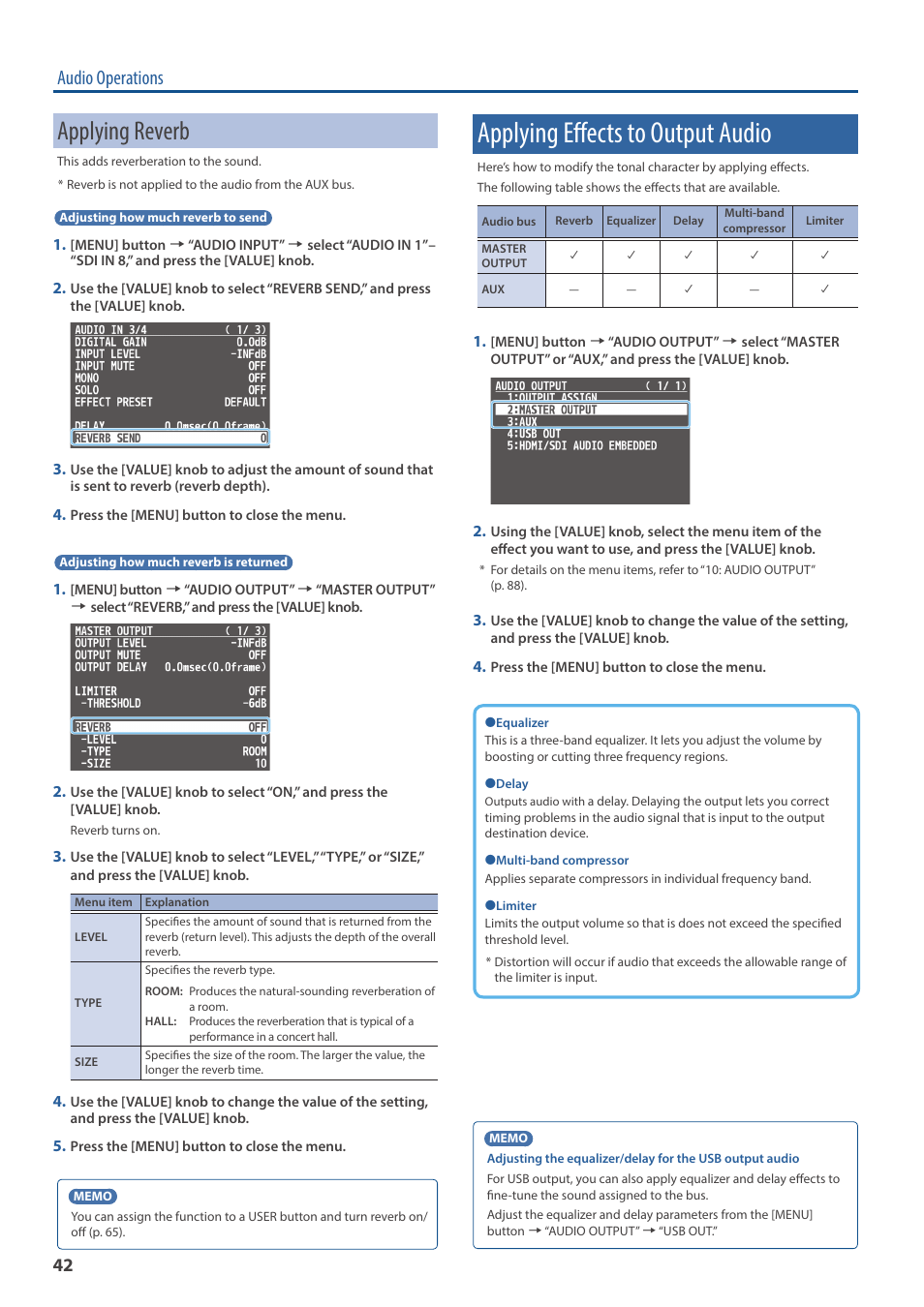 Applying effects to output audio, Erb (p. 42), Applying reverb | Audio operations | Roland V-160HD SDI/HDMI Streaming Video Switcher User Manual | Page 42 / 111