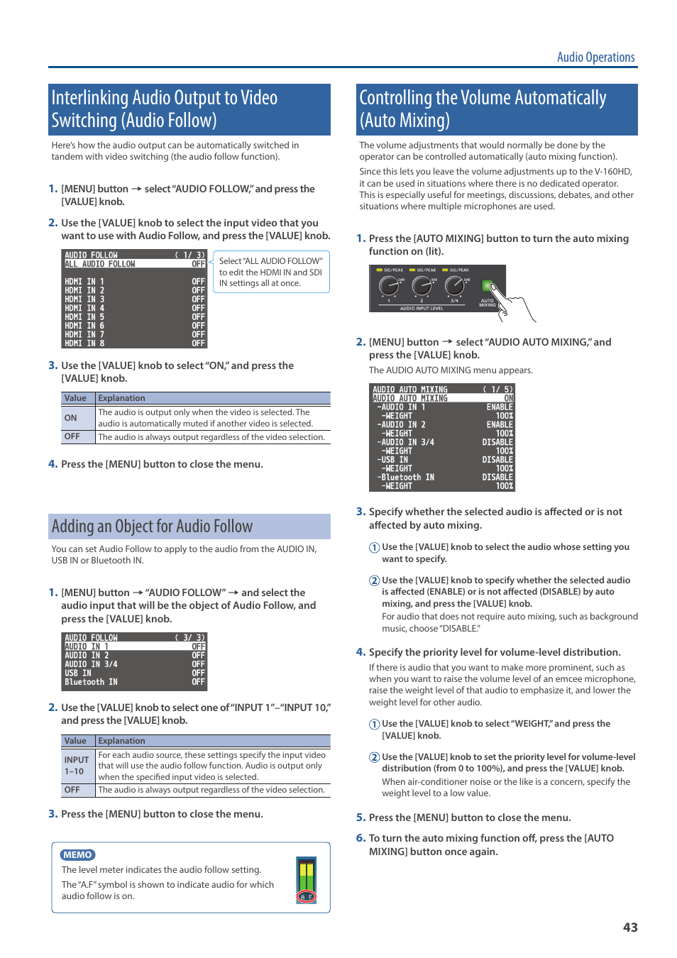 Controlling the volume automatically (auto mixing), Interlinking audio output to video switching, Audio follow) | Adding an object for audio follow, Audio operations | Roland V-160HD SDI/HDMI Streaming Video Switcher User Manual | Page 43 / 111