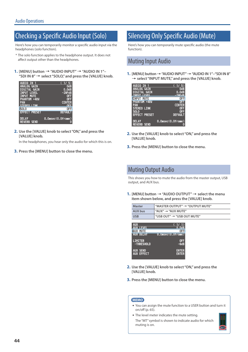 Checking a specific audio input (solo), Silencing only specific audio (mute), Muting input audio | Muting output audio, Audio operations | Roland V-160HD SDI/HDMI Streaming Video Switcher User Manual | Page 44 / 111