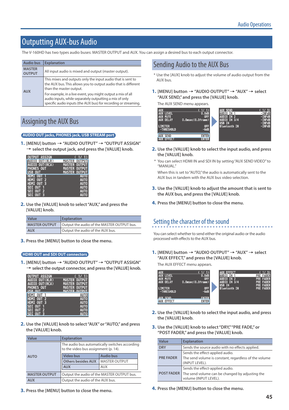 Outputting aux-bus audio, Om the video bus (p. 45), Assigning the aux bus | Sending audio to the aux bus, Setting the character of the sound, Audio operations | Roland V-160HD SDI/HDMI Streaming Video Switcher User Manual | Page 45 / 111