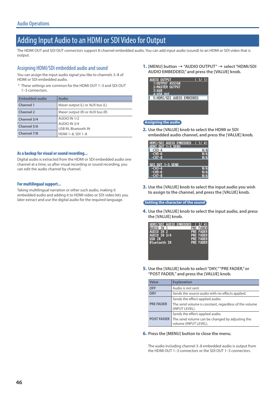 Audio operations, Assigning hdmi/sdi embedded audio and sound | Roland V-160HD SDI/HDMI Streaming Video Switcher User Manual | Page 46 / 111