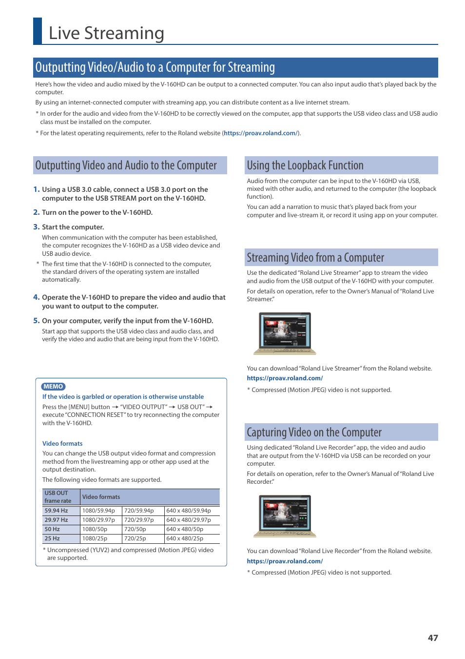 Live streaming, Outputting video/audio to a computer for streaming, Outputting video and audio to the computer | Using the loopback function, Streaming video from a computer, Capturing video on the computer | Roland V-160HD SDI/HDMI Streaming Video Switcher User Manual | Page 47 / 111