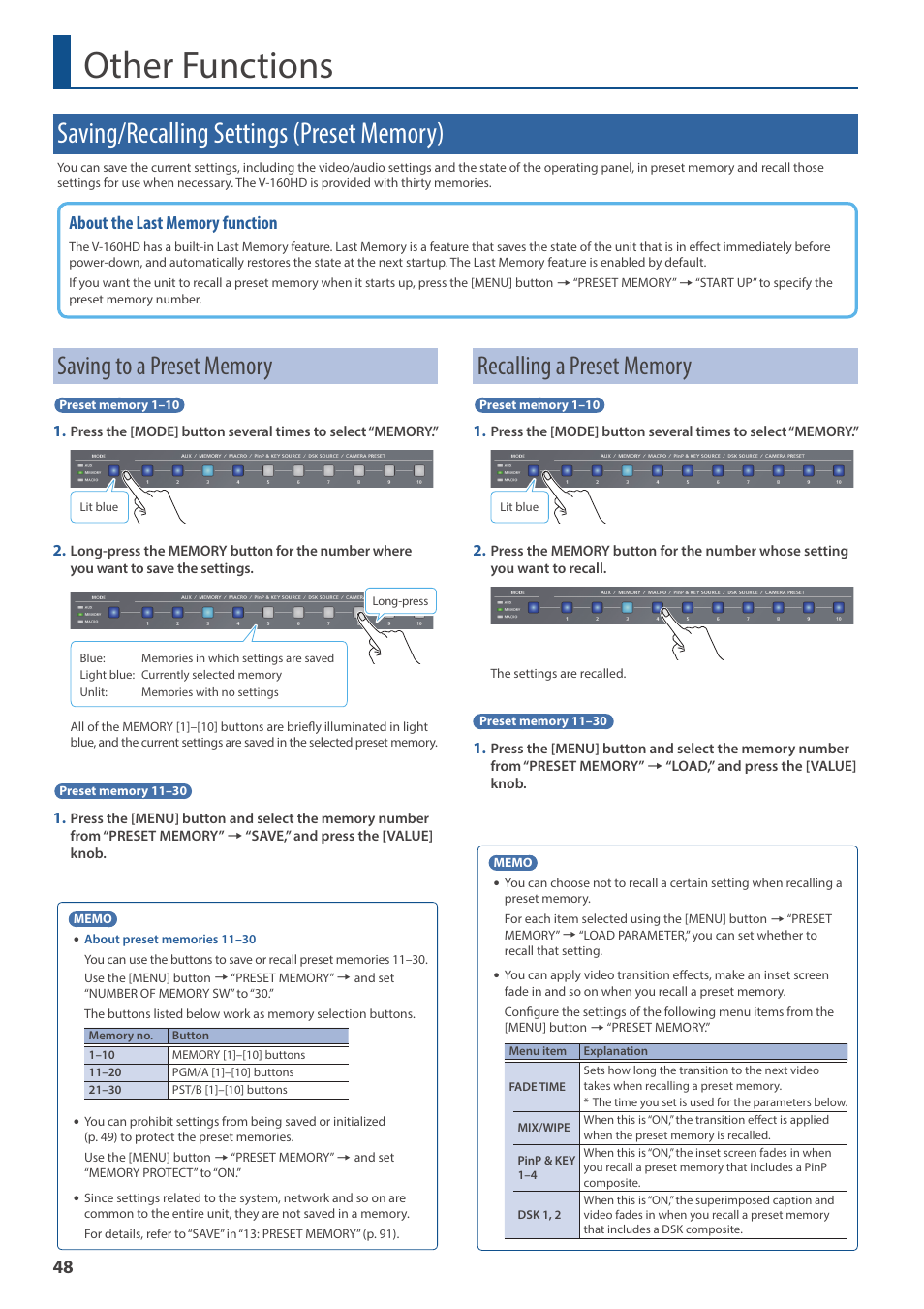 Other functions, Saving/recalling settings (preset memory), Saving to a preset memory | Recalling a preset memory, Ed (p. 48) | Roland V-160HD SDI/HDMI Streaming Video Switcher User Manual | Page 48 / 111