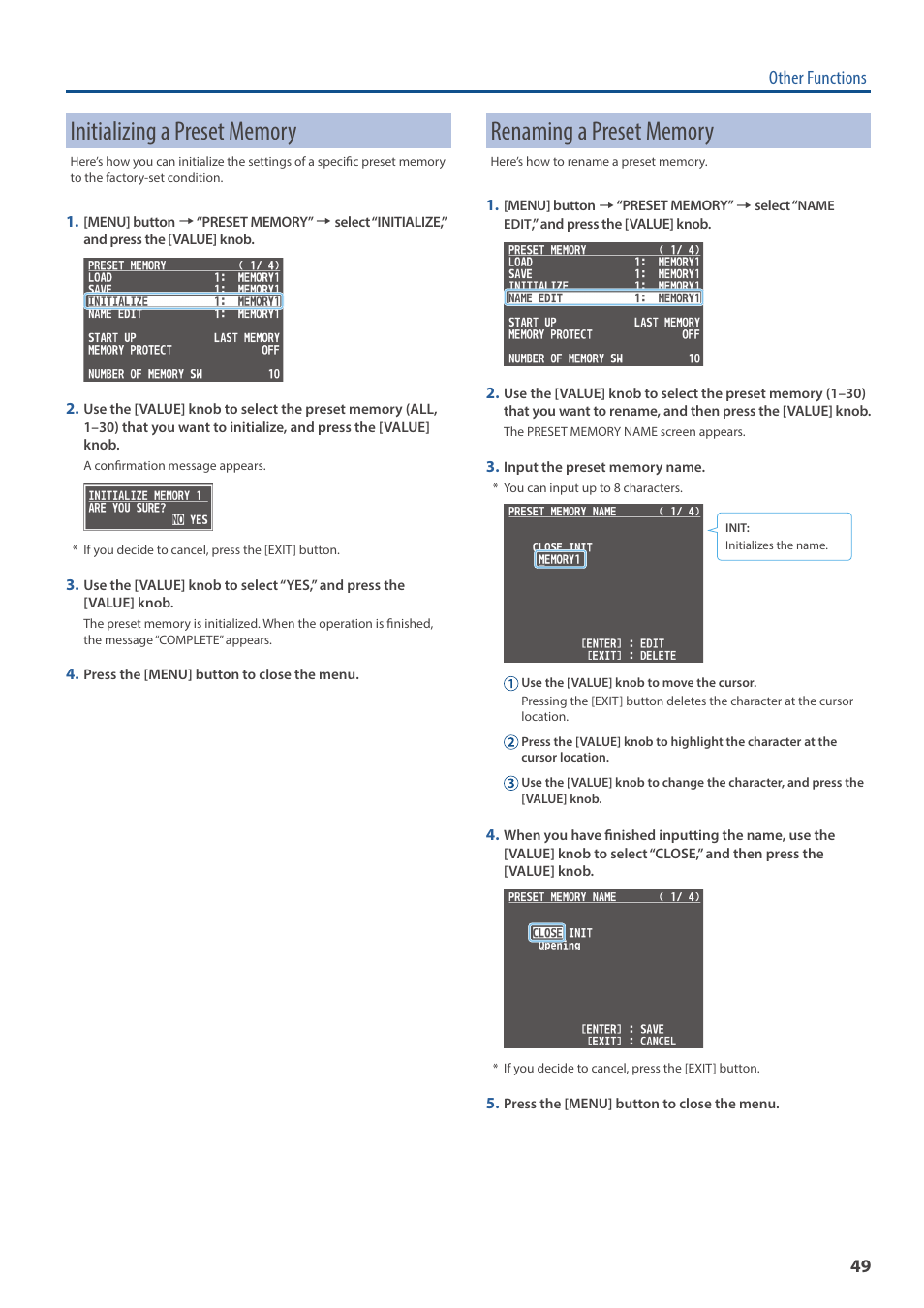 Initializing a preset memory, Renaming a preset memory, Other functions | Roland V-160HD SDI/HDMI Streaming Video Switcher User Manual | Page 49 / 111