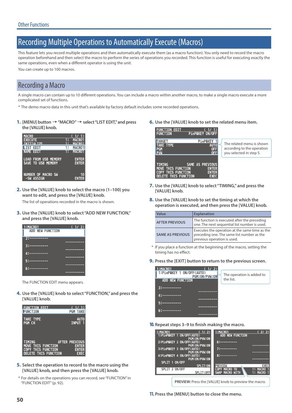 Recording a macro, Macros), Other functions | Roland V-160HD SDI/HDMI Streaming Video Switcher User Manual | Page 50 / 111