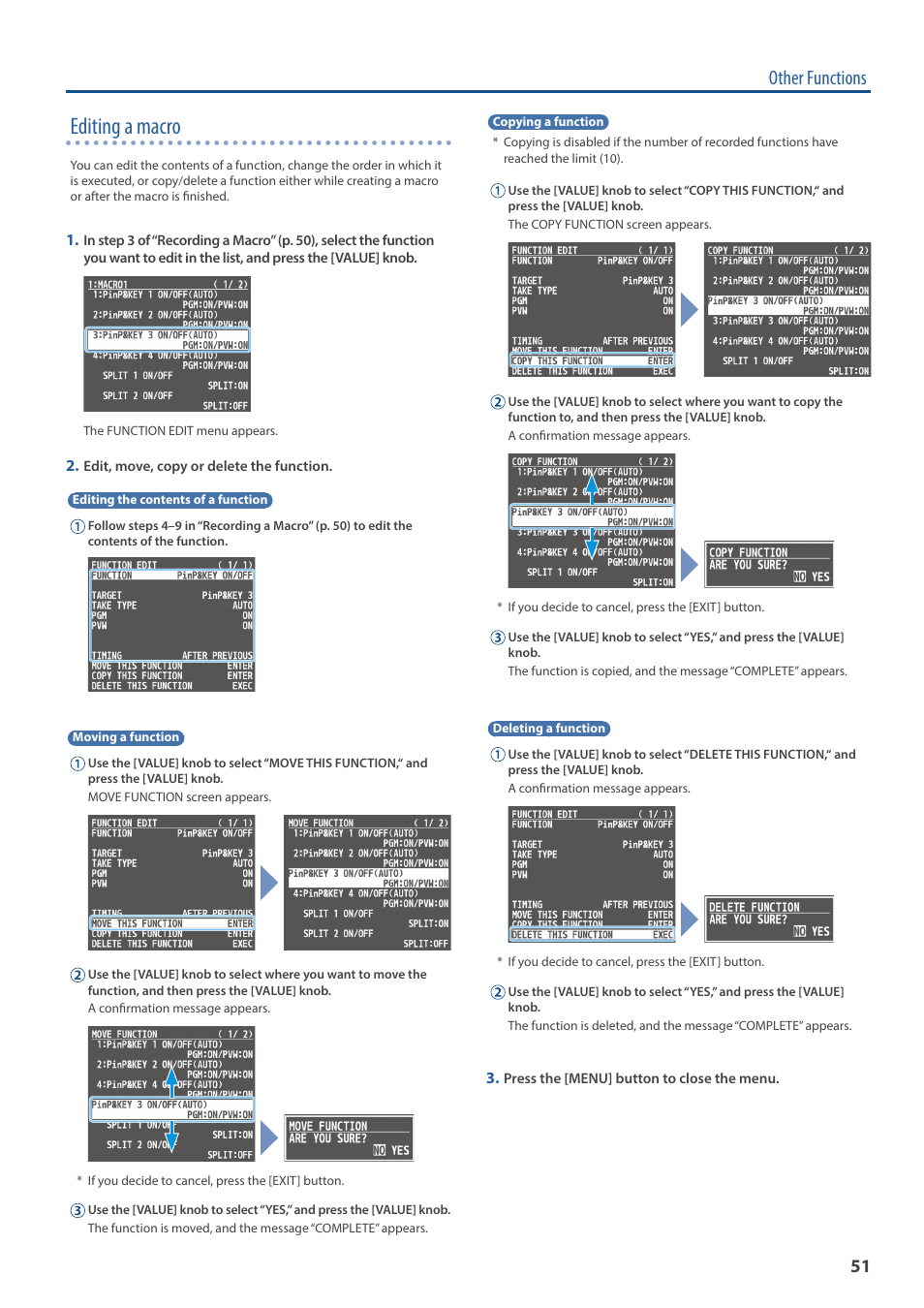 Editing a macro, Other functions | Roland V-160HD SDI/HDMI Streaming Video Switcher User Manual | Page 51 / 111