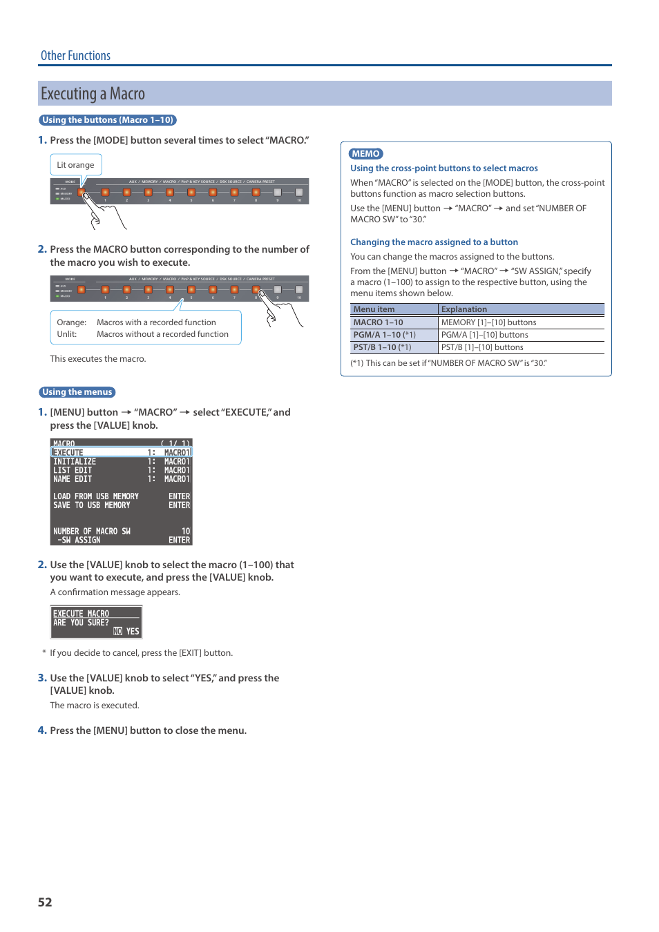 Executing a macro, Other functions | Roland V-160HD SDI/HDMI Streaming Video Switcher User Manual | Page 52 / 111