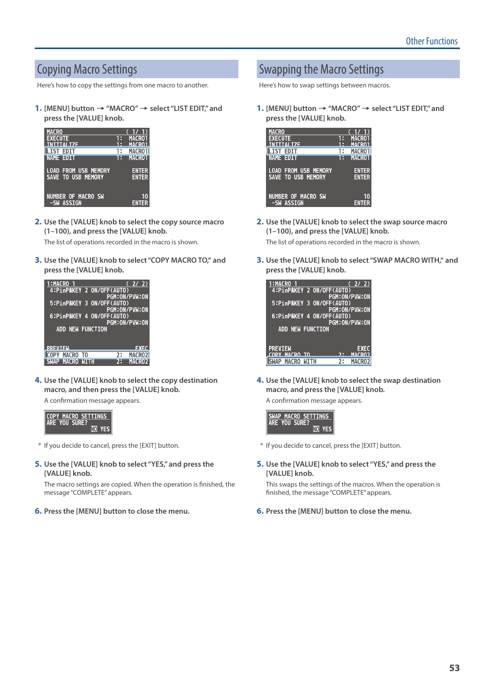 Copying macro settings, Swapping the macro settings, Other functions | Roland V-160HD SDI/HDMI Streaming Video Switcher User Manual | Page 53 / 111