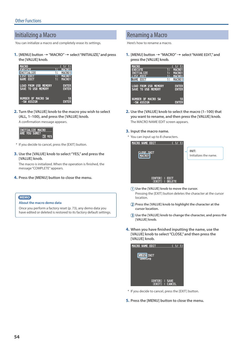 Initializing a macro, Renaming a macro, Other functions | Roland V-160HD SDI/HDMI Streaming Video Switcher User Manual | Page 54 / 111