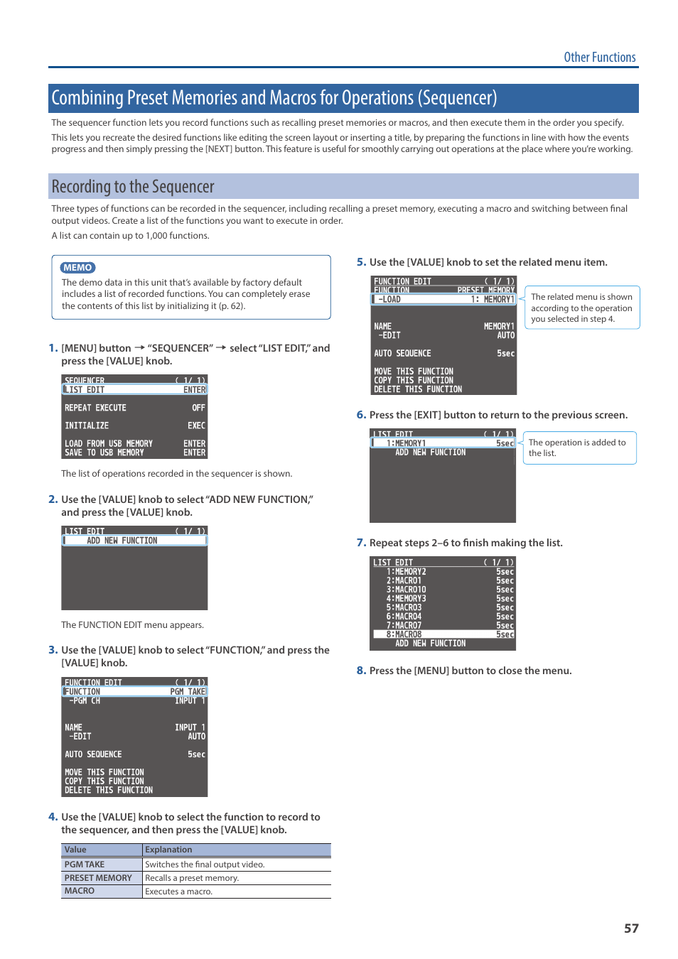 Recording to the sequencer, Sequencer), Other functions | Roland V-160HD SDI/HDMI Streaming Video Switcher User Manual | Page 57 / 111