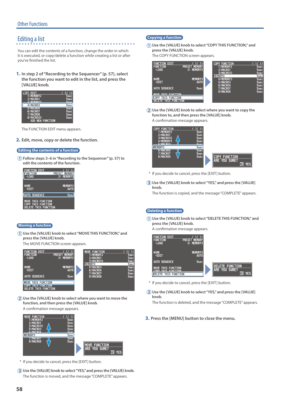 Editing a list, Other functions | Roland V-160HD SDI/HDMI Streaming Video Switcher User Manual | Page 58 / 111