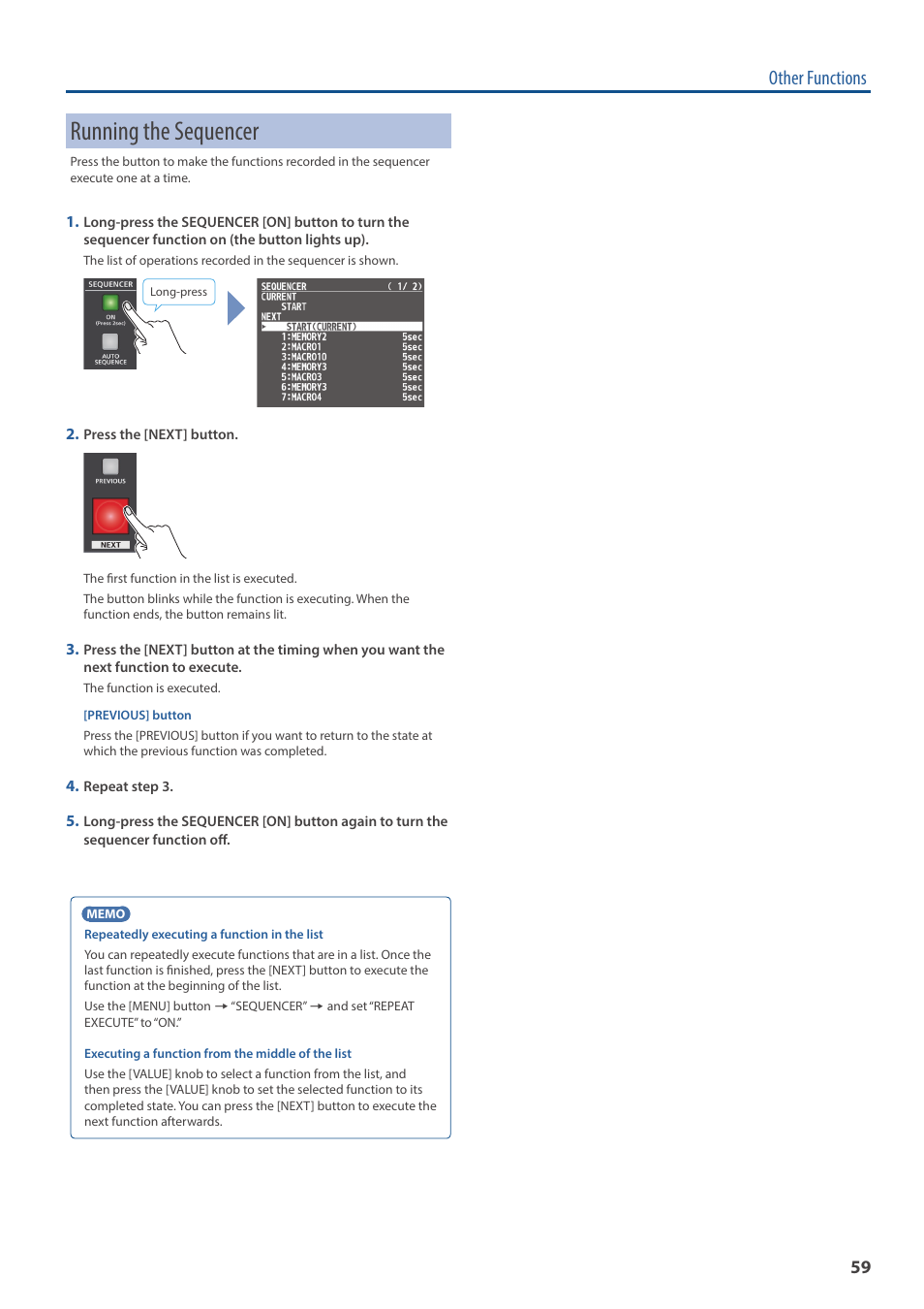 Running the sequencer, Other functions | Roland V-160HD SDI/HDMI Streaming Video Switcher User Manual | Page 59 / 111