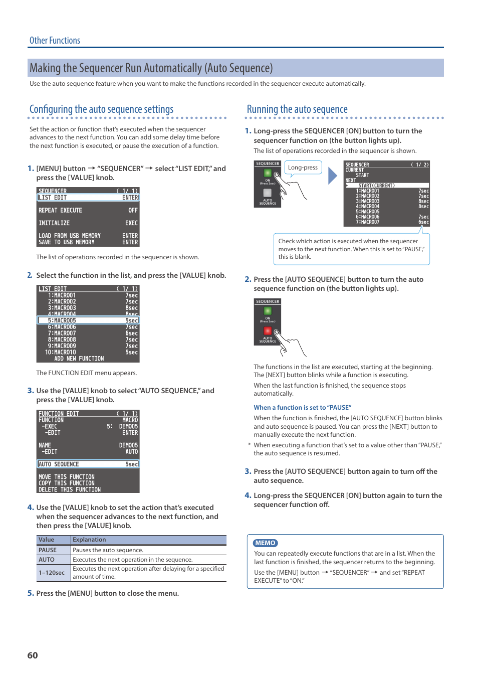 Configuring the auto sequence settings, Running the auto sequence, Other functions | Roland V-160HD SDI/HDMI Streaming Video Switcher User Manual | Page 60 / 111